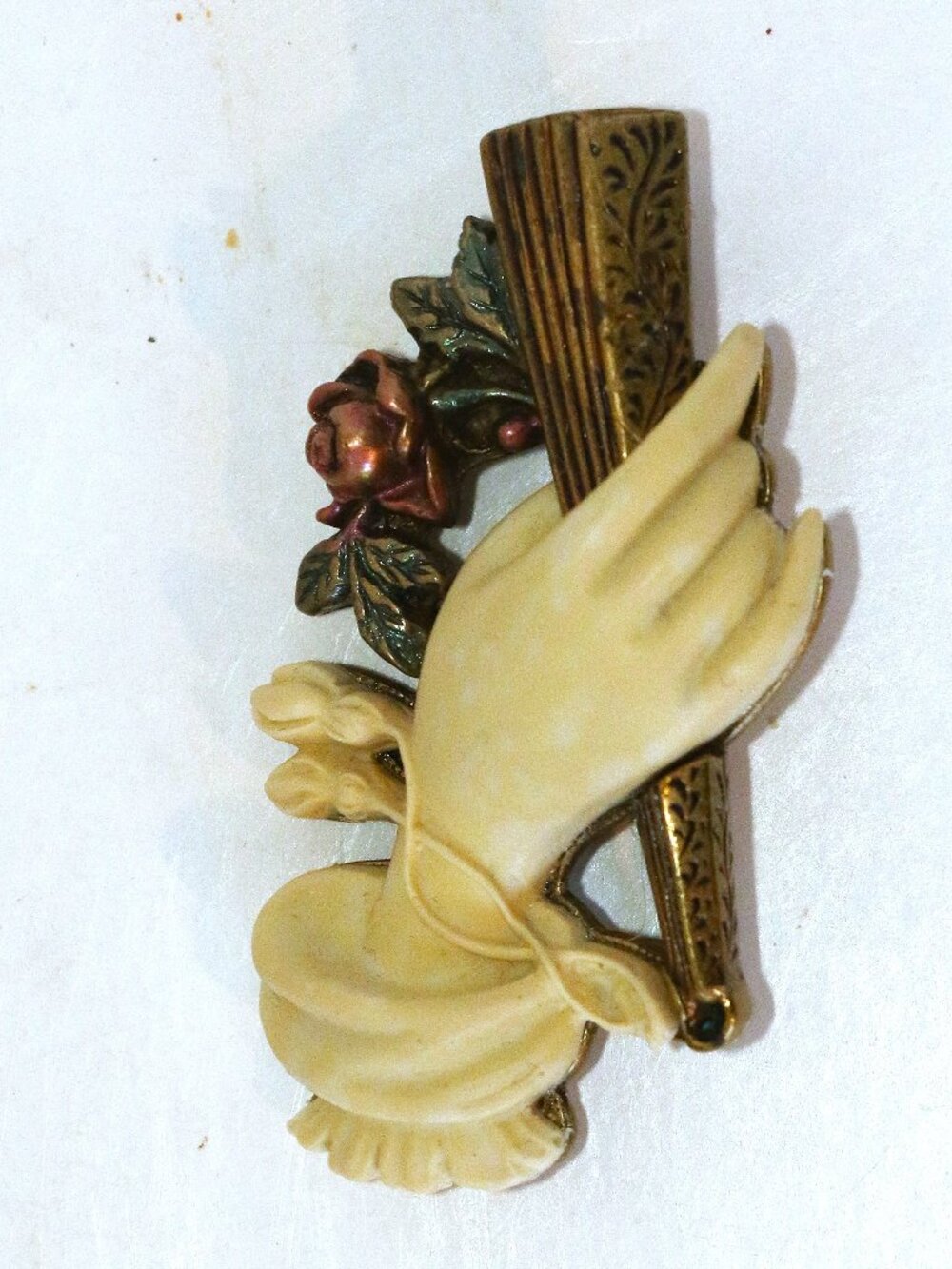 Victorian Style Lucite Brooch Hand Holding Fan with Rose